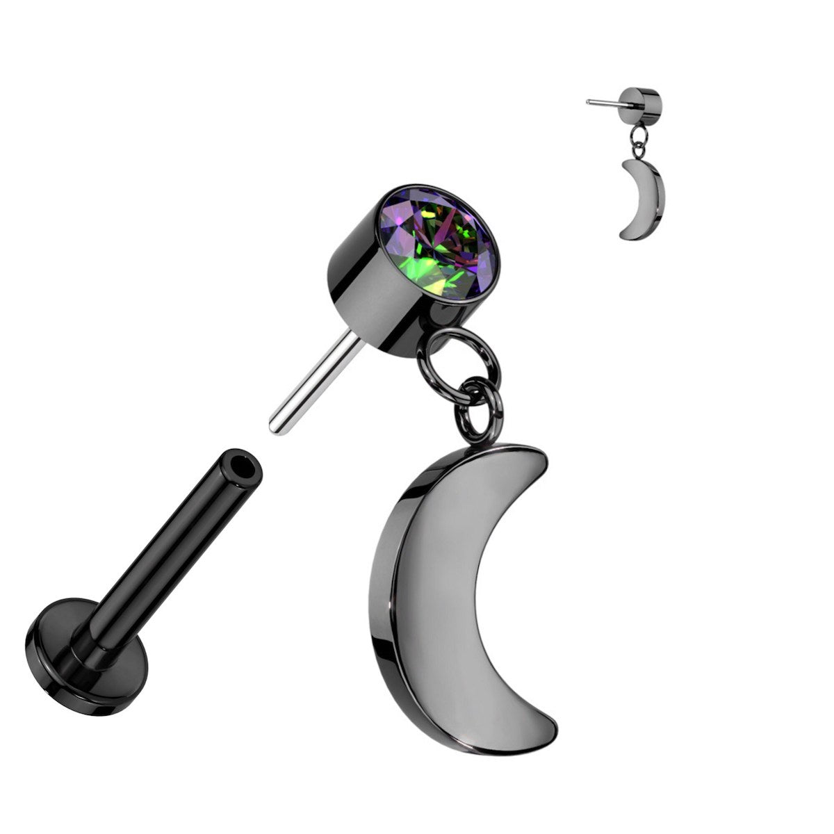 Elegant Titanium Labret: CZ & Moon Dangle, 16GA