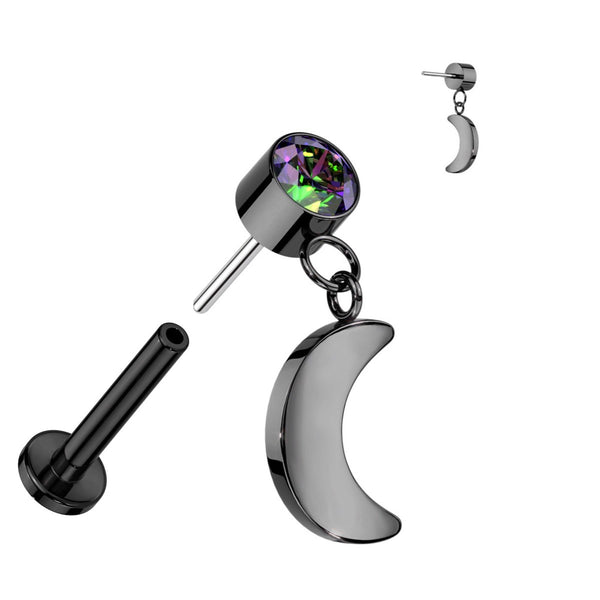 Elegant Titanium Labret: CZ & Moon Dangle, 16GA
