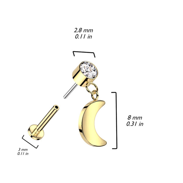 Elegant Titanium Labret: CZ & Moon Dangle, 16GA