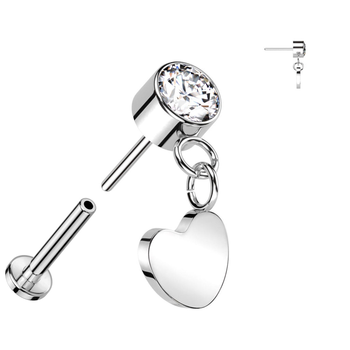 Elegant Titanium Labret: CZ Bezel, Heart Dangle, 16GA