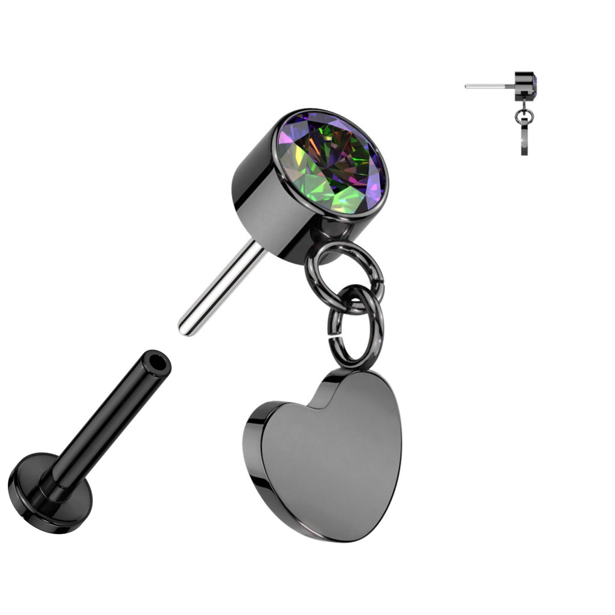Elegant Titanium Labret: CZ Bezel, Heart Dangle, 16GA