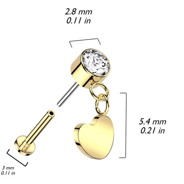 Elegant Titanium Labret: CZ Bezel, Heart Dangle, 16GA