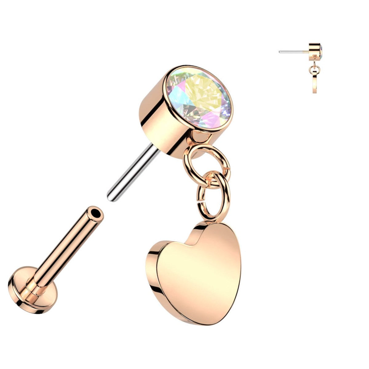 Elegant Titanium Labret: CZ Bezel, Heart Dangle, 16GA